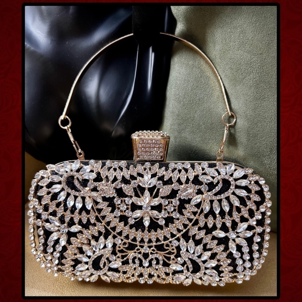 Crystal Rhinestone Embellished Black Evening Bag w/Handle & Chain Strap NWT - Picture 7 of 16